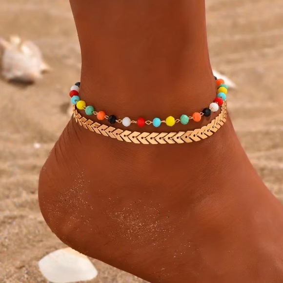 Double Layers Chain Anklet With Colorful Beads| Gold Plated Ankle Bracelet Set - Picture 4 of 5